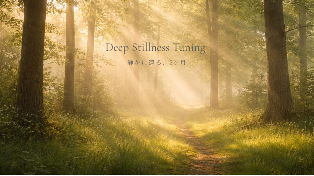alt="朝の柔らかい光が差し込む森の風景 Deep Stillness Tuning 3ヶ月プログラム"